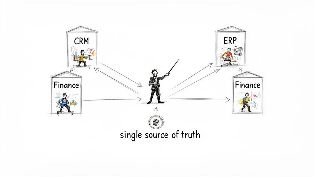 Diagrama que ilustra el concepto de «fuente única de verdad» para distintas funciones empresariales como CRM, ERP y Finanzas.