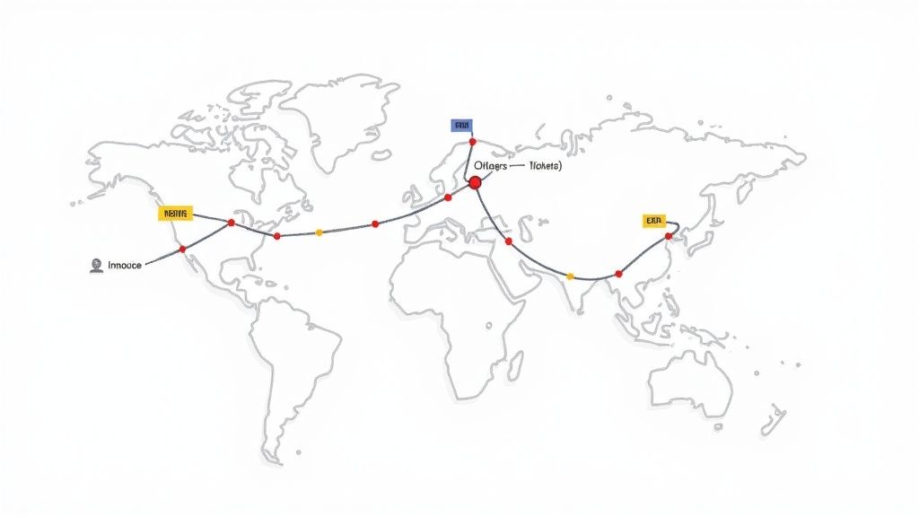 Mapa del mundo con una red global que conecta ubicaciones etiquetadas como Innooce, MERWE, Oiflaers y EXD.