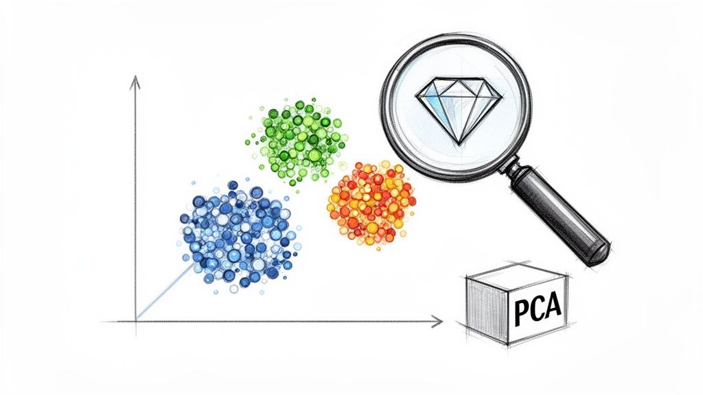 A visual explanation of data analysis and dimensionality reduction using PCA on clustered data.