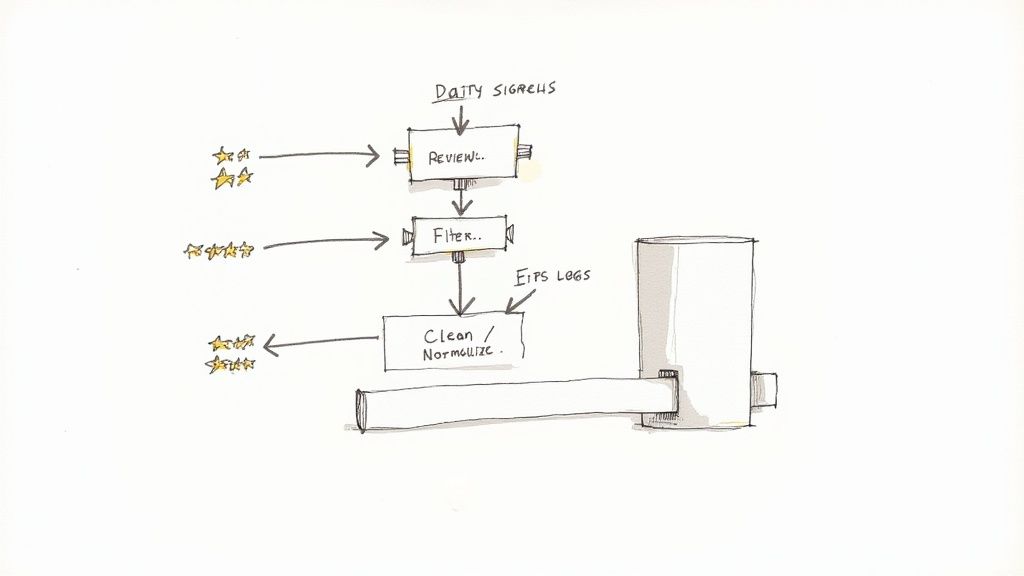 Diagrama de pipeline de dados com as etapas de revisão, filtragem, limpeza e normalização, mostrando classificações por estrelas a fluir pelo sistema
