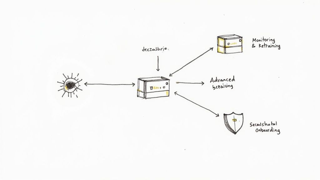 Diagrama que mostra uma arquitetura de sistema descentralizada com componentes de monitorização, re-treino, localização avançada e integração segura