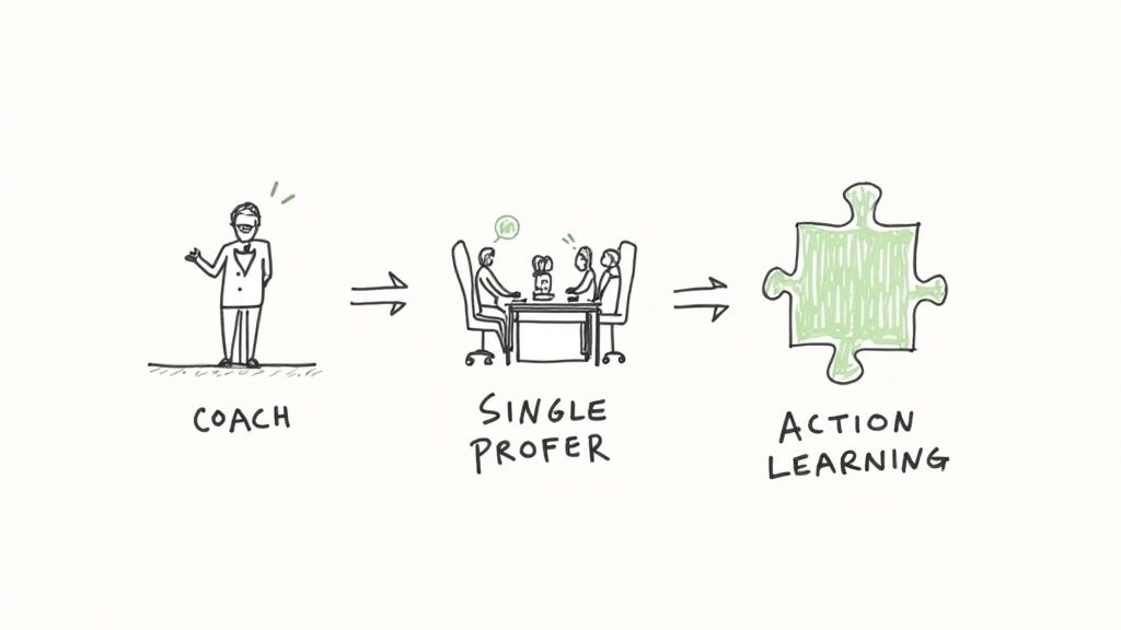 Un grupo diverso de ejecutivos colaborando durante un taller de formación en liderazgo