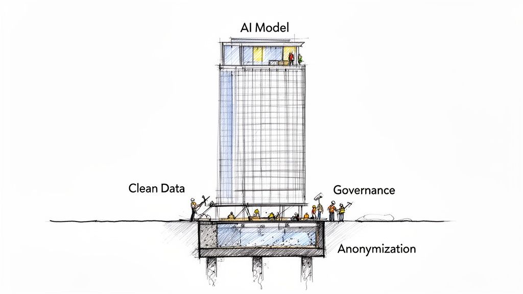 An architectural diagram illustrating the foundational components for a successful AI Model, including clean data, governance, and anonymization.