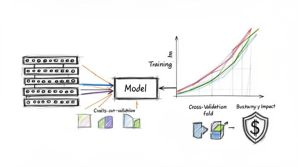 Diagram illustrating data input, model training, cross-validation, and business impact evaluation.
