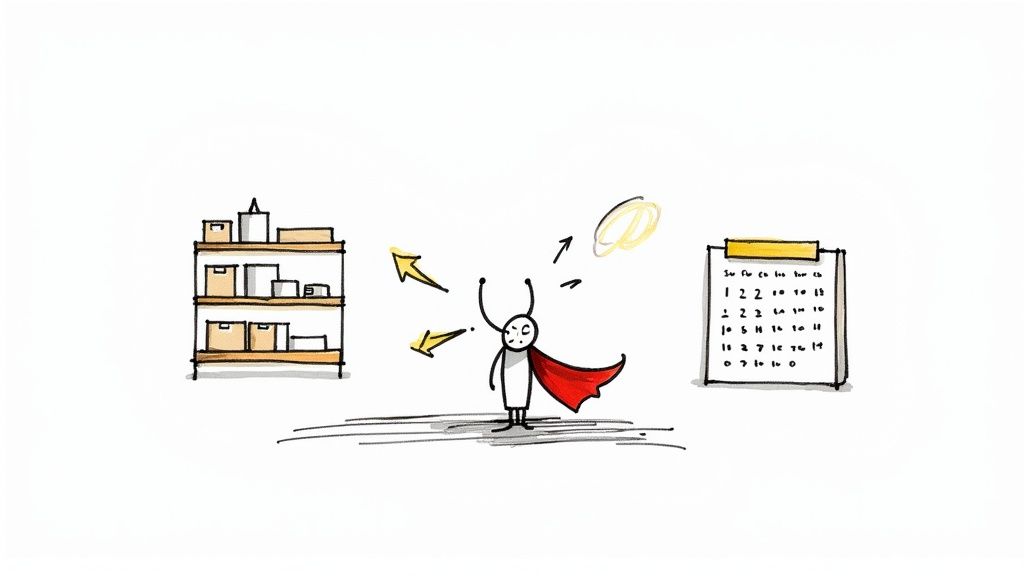 Figura de um super-herói a gerir inventário e agendas, com caixas, um calendário e setas.
