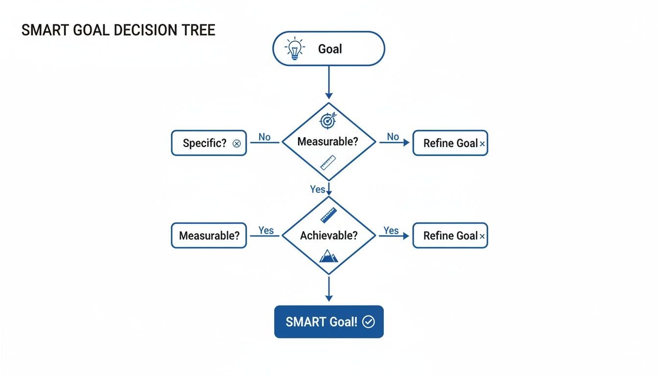 Diagrama de flujo de decisión para objetivos SMART que ilustra los pasos para definir y refinar metas con claridad y orientación al éxito.