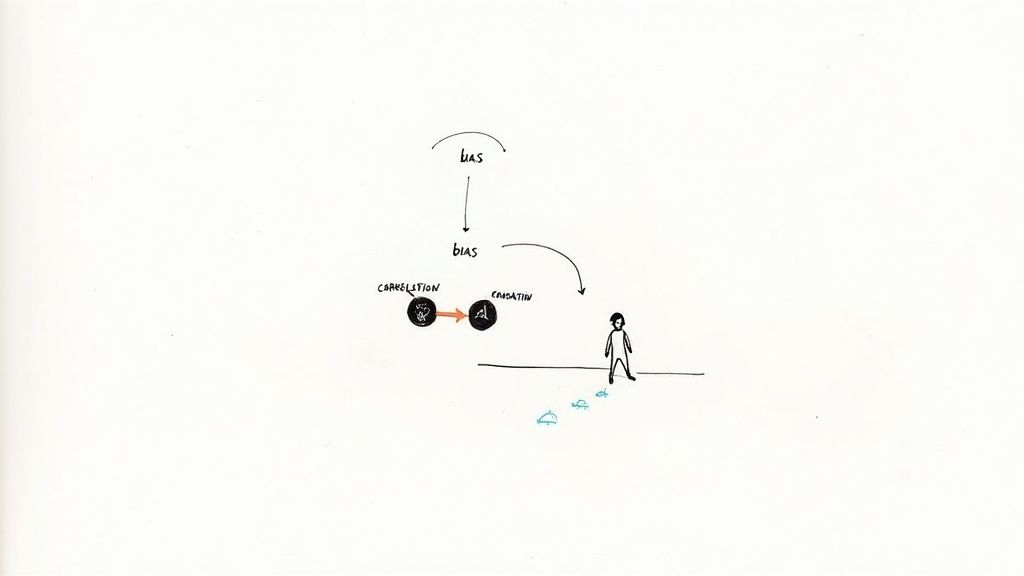 Diagram showing how bias and causation correlation affect data analysis problem solving process