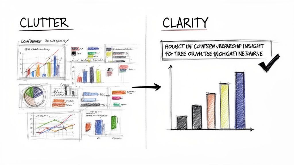 Comparação visual mostrando gráficos de dados confusos e sobrecarregados em contraste com um gráfico de barras claro e simplificado.