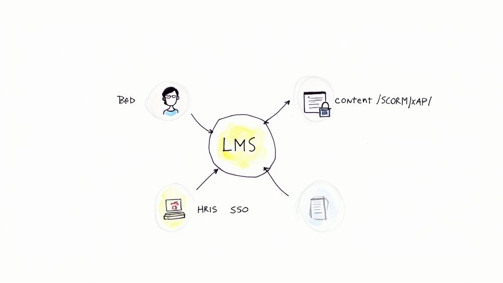 Diagrama de um Sistema de Gestão de Aprendizagem mostrando integrações com utilizadores, HRIS, SSO e conteúdo SCORM