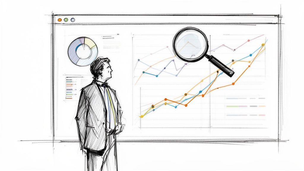 A sketched businessman examining data visualizations and trends on a large screen with a magnifying glass.