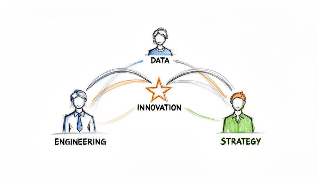 Diagrama que ilustra como as equipas de Dados, Engenharia e Estratégia colaboram para inovar.