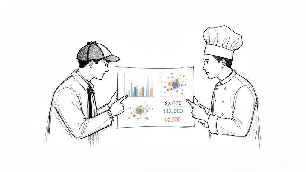 Dos hombres, uno con gorra y otro con gorro de chef, analizan visualizaciones de datos en una pizarra.
