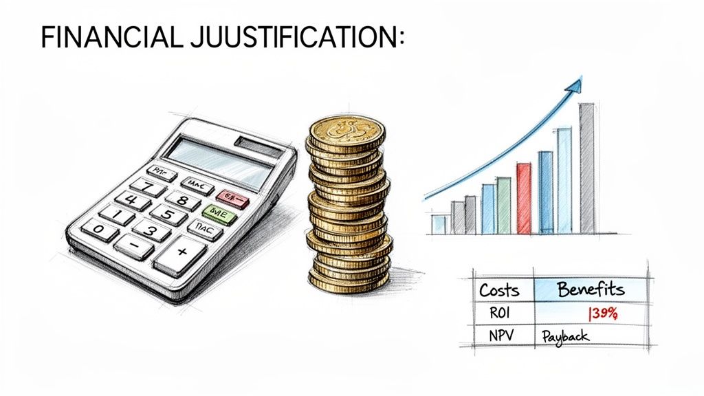 Ilustração que representa a justificação financeira com uma calculadora, moedas empilhadas, um gráfico de crescimento e uma tabela de análise custo-benefício.