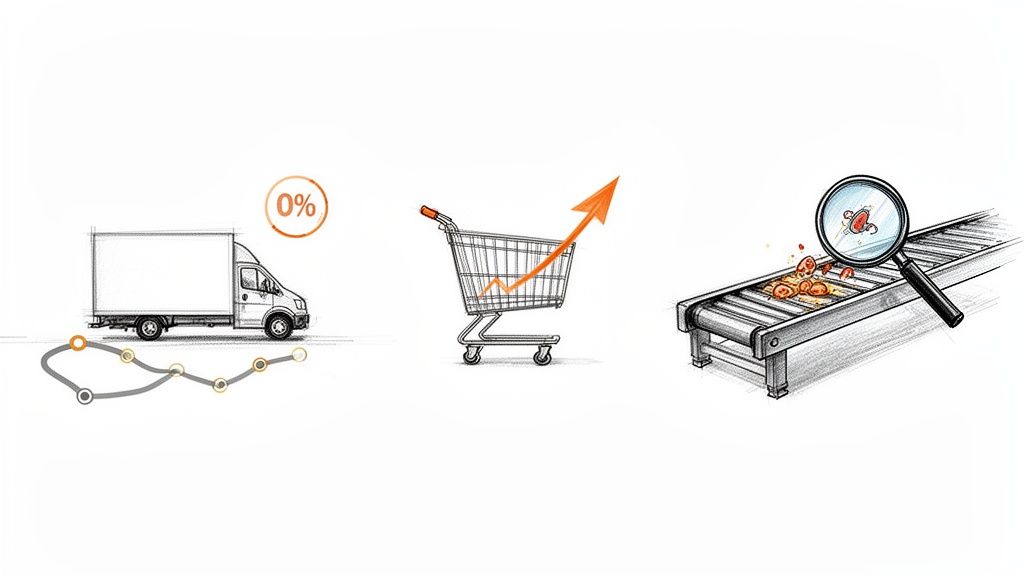 Illustrations of logistics, sales growth, and quality control for a business process.
