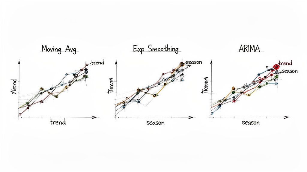 Three comparative graphs demonstrating Moving Avg, Exp Smoothing, and ARIMA forecasting models with trend and seasonality.