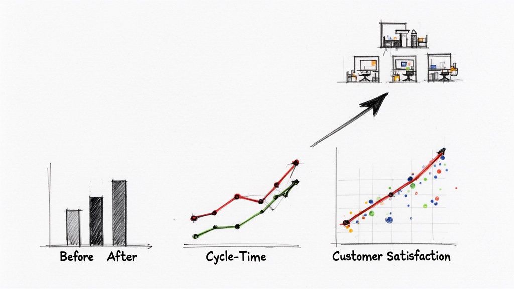 Charts showing increased metrics, improved customer satisfaction, and office workflow transformation for efficiency.