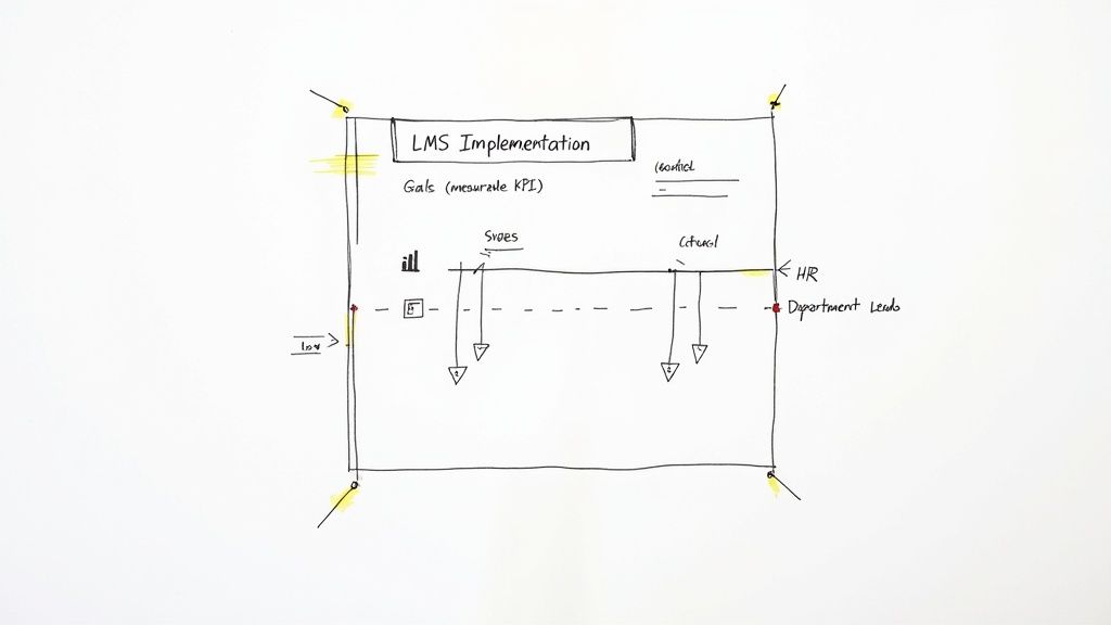 Diagrama desenhado à mão mostrando a estrutura de implementação de uma LMS com objetivos, departamento de RH e hierarquia organizacional
