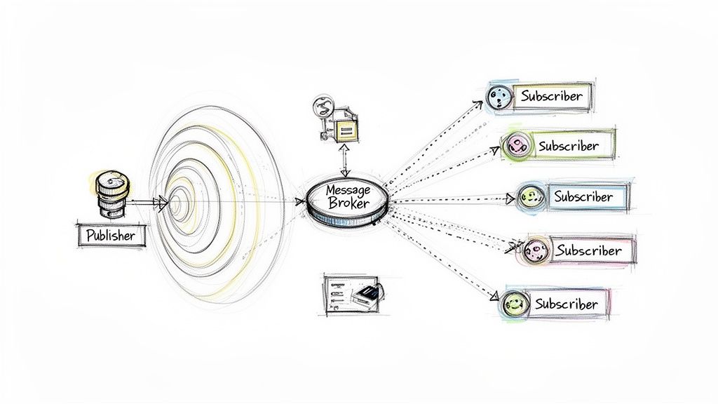 Diagrama dibujado a mano que ilustra un patrón publicador-suscriptor con un broker de mensajes central distribuyendo mensajes a varios suscriptores.