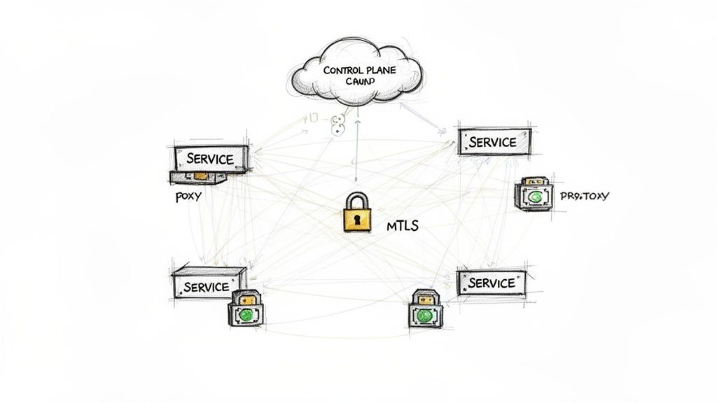 Diagrama dibujado a mano que representa una arquitectura de microservicios segura con mTLS, un plano de control y proxies.