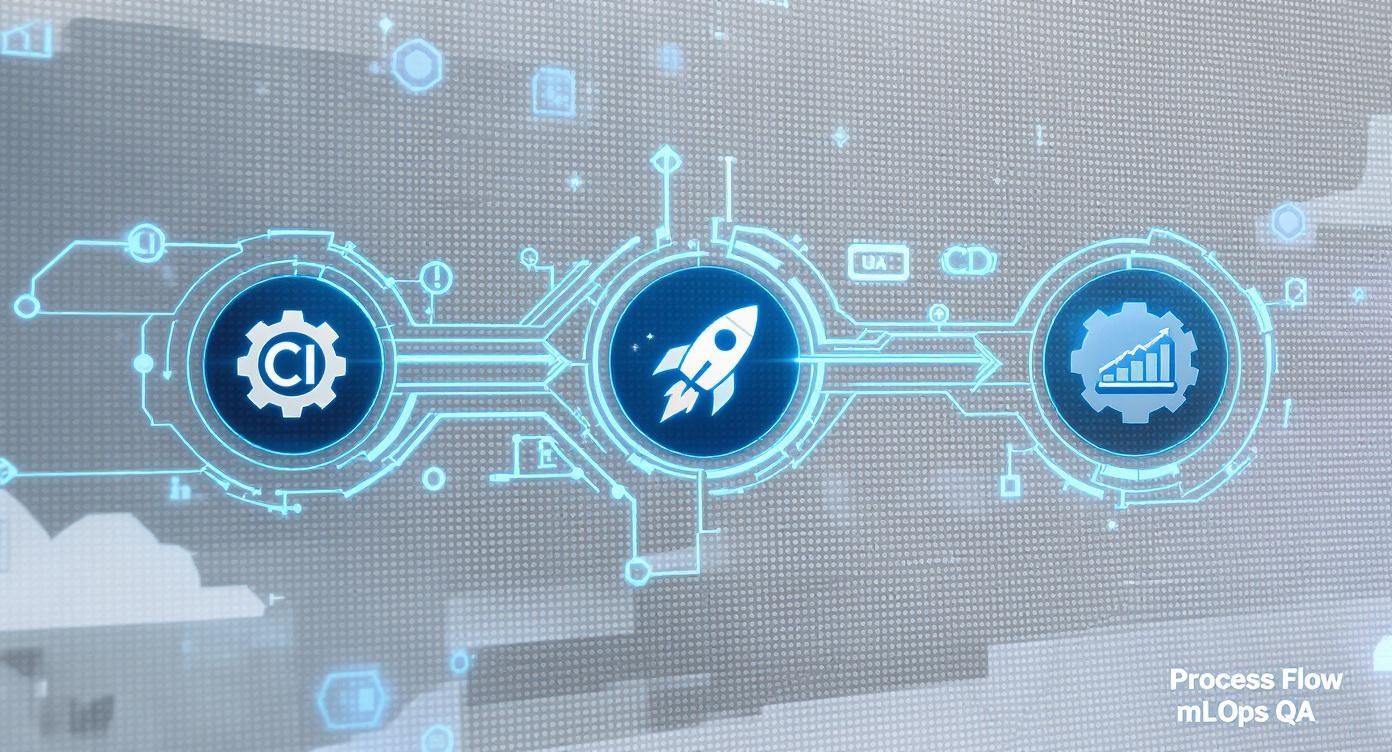 Continuous integration rocket launch and growth analytics process flow diagram for MLOps quality assurance
