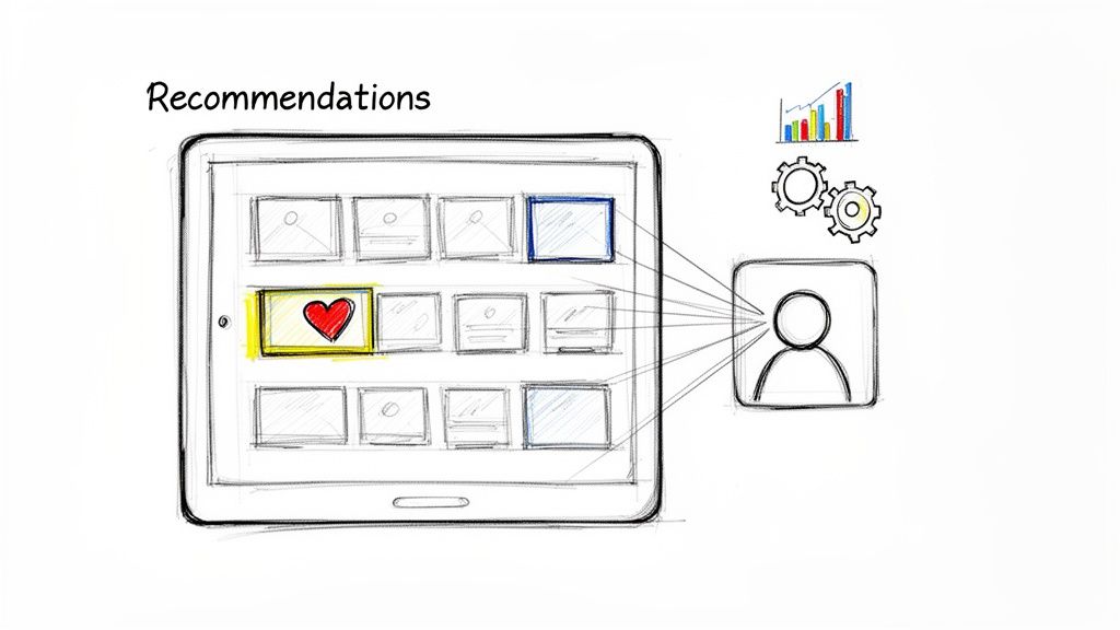 Diagram illustrating how user preferences, data, and processes generate personalized recommendations on a tablet.