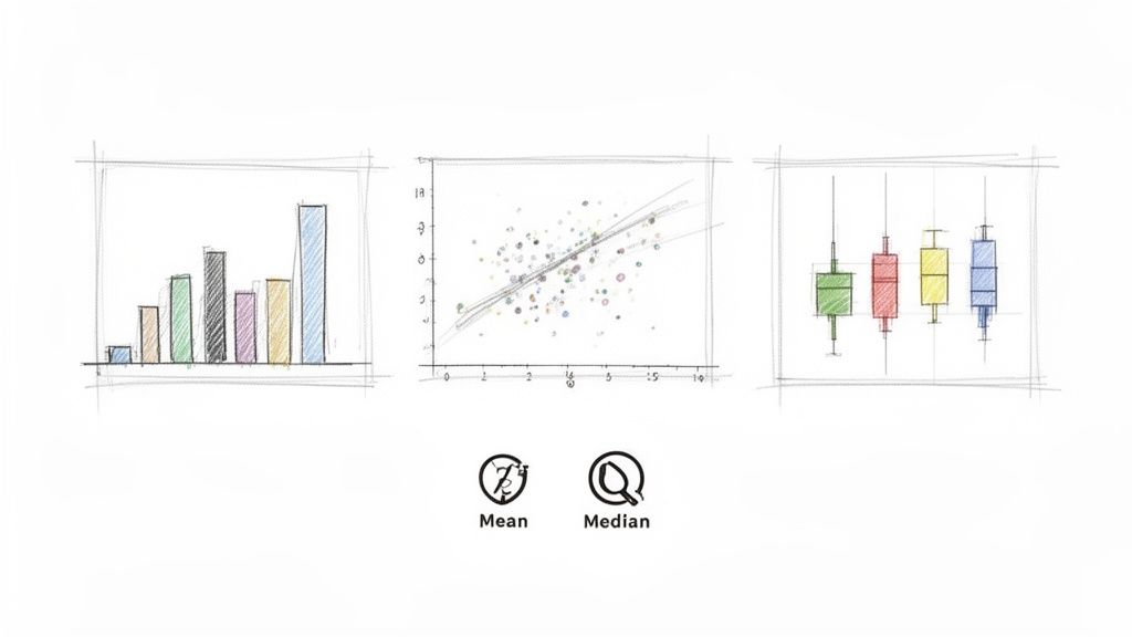 Gráficos de barras, dispersión y caja dibujados a mano ilustran conceptos de análisis de datos como la media y la mediana.