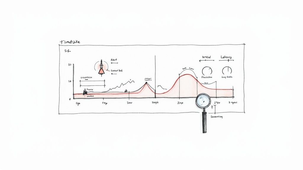 Hand-drawn timeline diagram showing project phases from suspension to latency with magnifying glass examining speaking phase