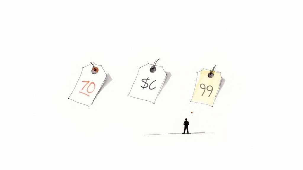 Uma pessoa de pé a olhar para cima, para três etiquetas de preço flutuantes com valores diferentes.