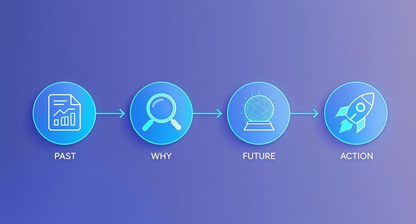 Infographic illustrating data analysis steps: historical data, root cause, future prediction, and action.