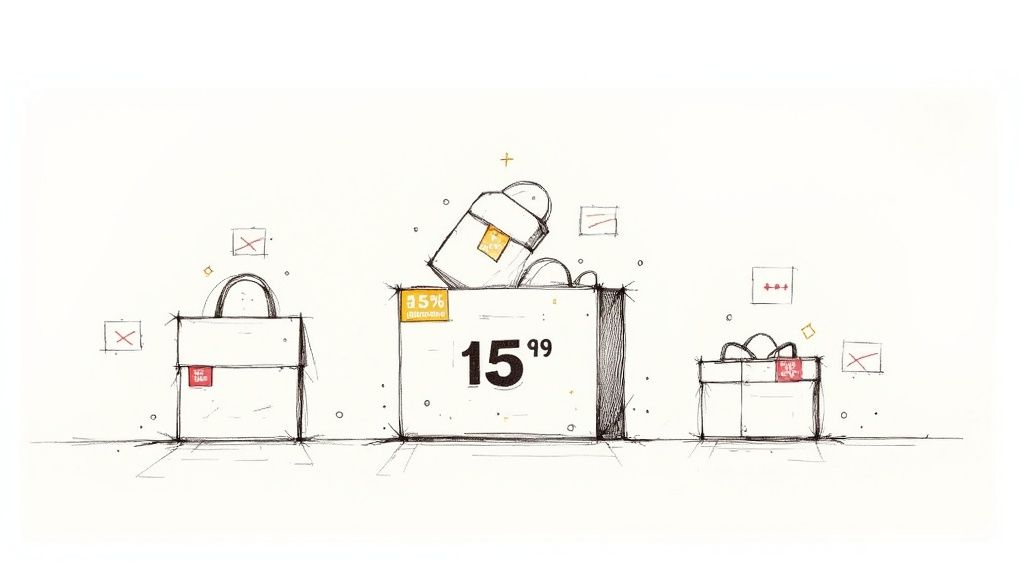 Ilustração desenhada à mão de três caixas de compras conceptuais com preços e elementos riscados, representando a otimização de custos.