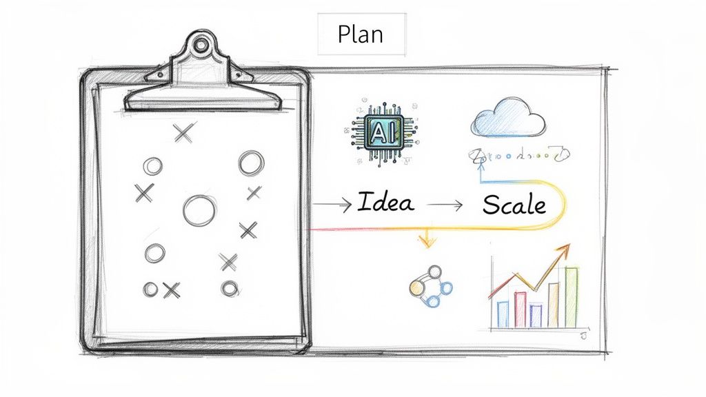 Esboço desenhado à mão a ilustrar um plano estratégico para escalar uma ideia com recurso a IA e tecnologia cloud, conducente ao crescimento.