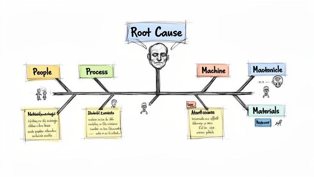 Hand-drawn Fishbone diagram illustrating root cause analysis with categories: People, Process, Machine, Maotbnicle, and Materials.