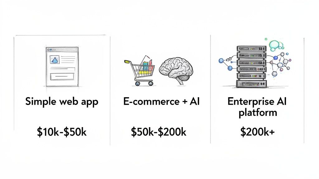 A visual guide illustrating estimated software development costs for web apps, e-commerce + AI, and enterprise AI platforms.