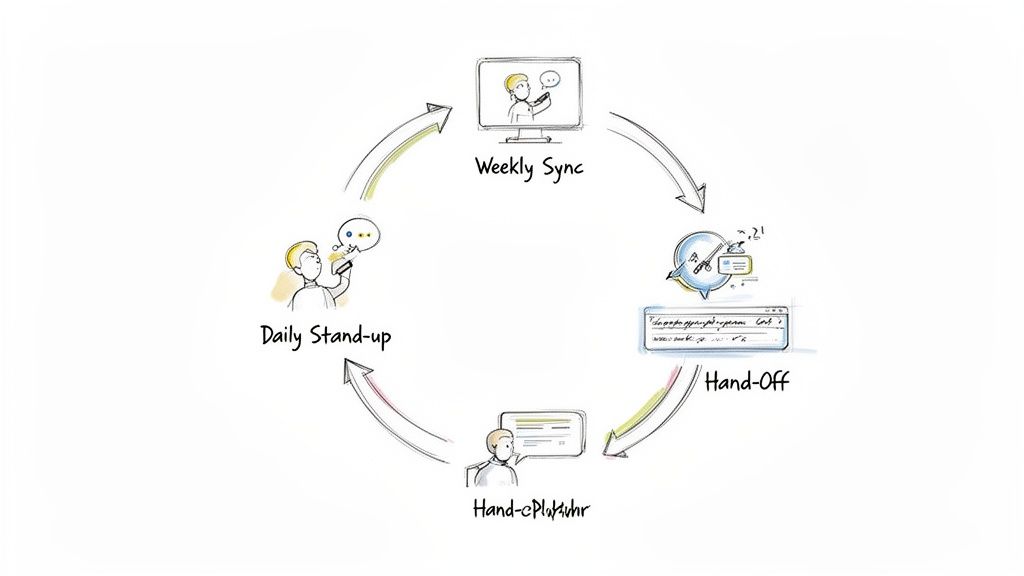 Um diagrama desenhado à mão que ilustra o sync semanal, o stand-up diário e o fluxo de handoff de uma equipa.