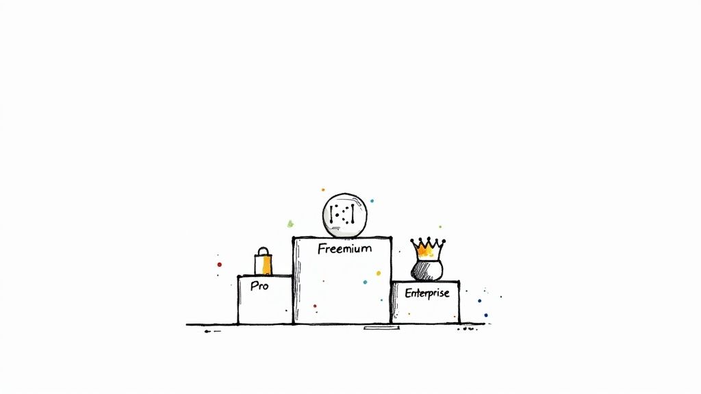 Ilustração desenhada à mão de um pódio com modelos de preços: Freemium em primeiro, Enterprise em segundo e Pro em terceiro.