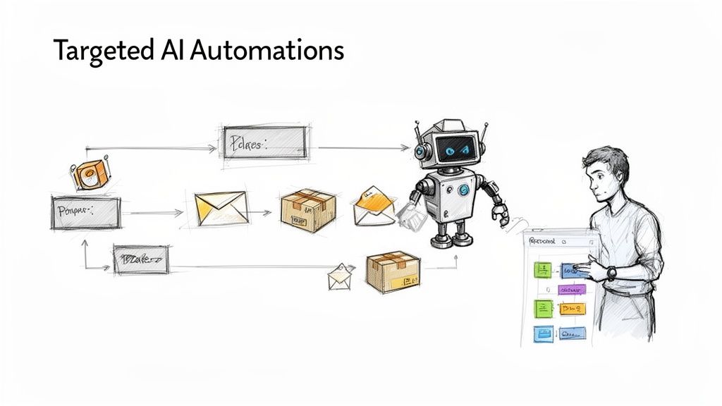 A diagram illustrating targeted AI automations with a robot, a human, and various workflow steps.