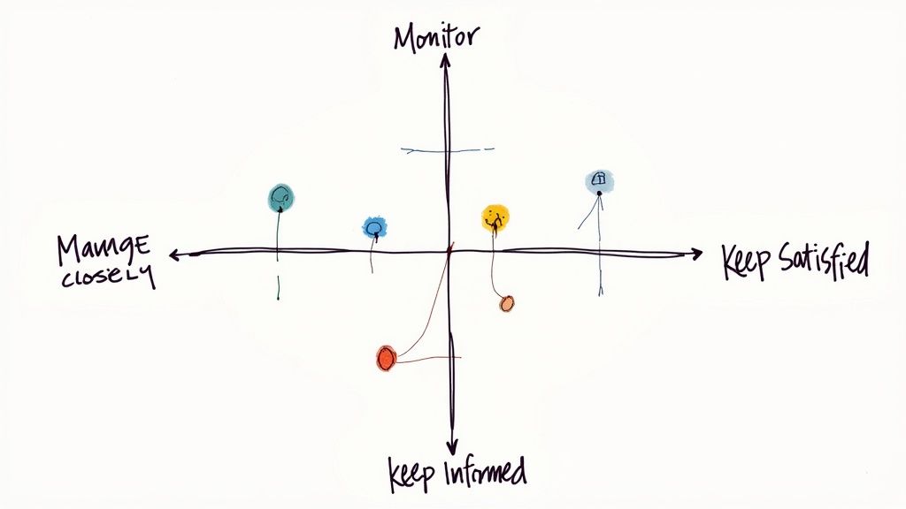 Un diagrama de la Matriz Poder/Interés con los cuatro cuadrantes para mapear stakeholders.