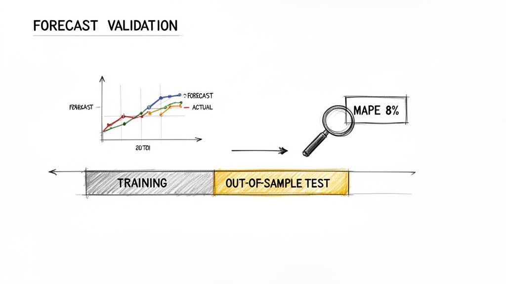 Diagrama que ilustra o processo de validação de previsões com treino, teste fora da amostra e cálculo do MAPE.