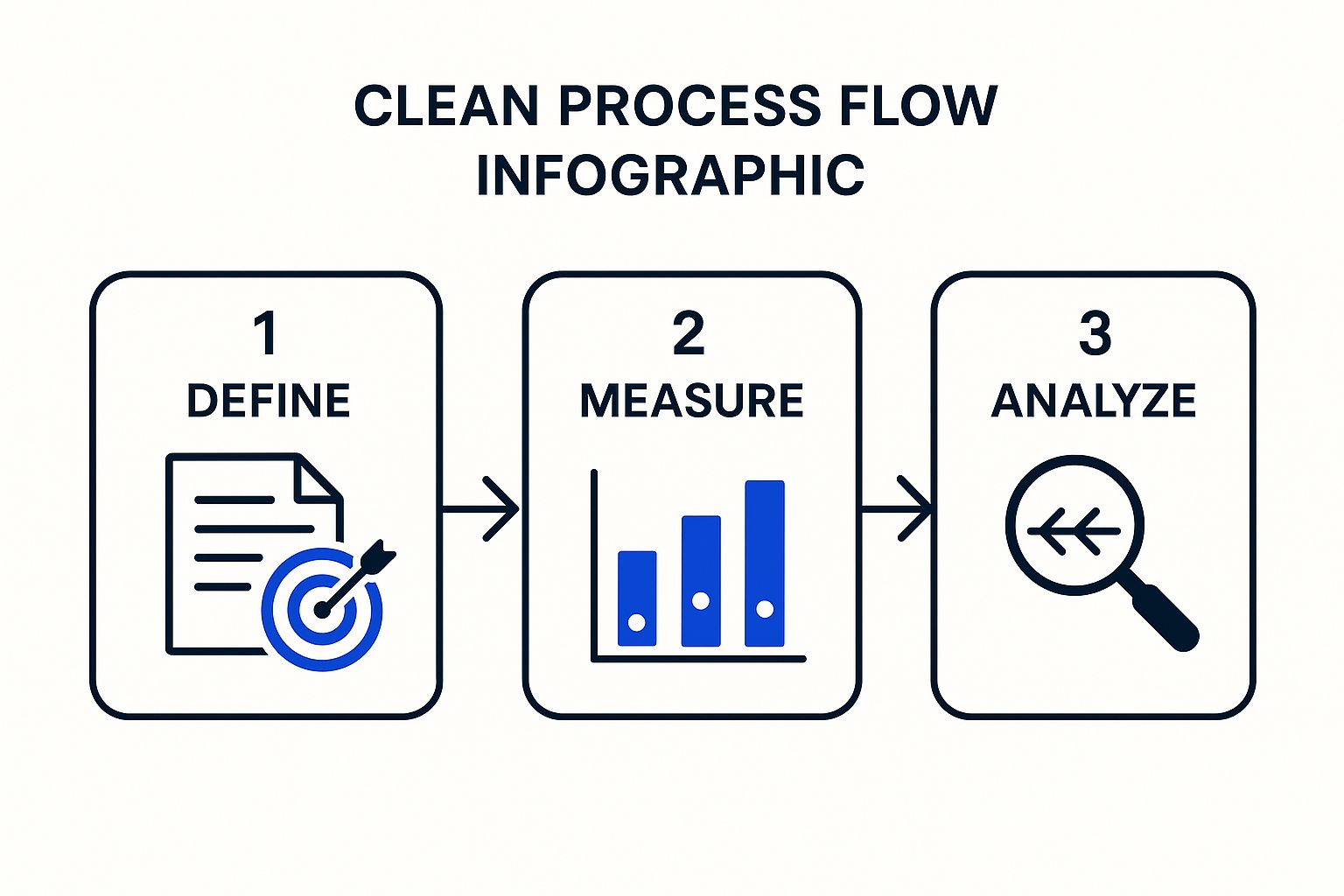 Infographic showing the first three steps of the DMAIC process: Define, Measure, and Analyze, each with a corresponding icon.