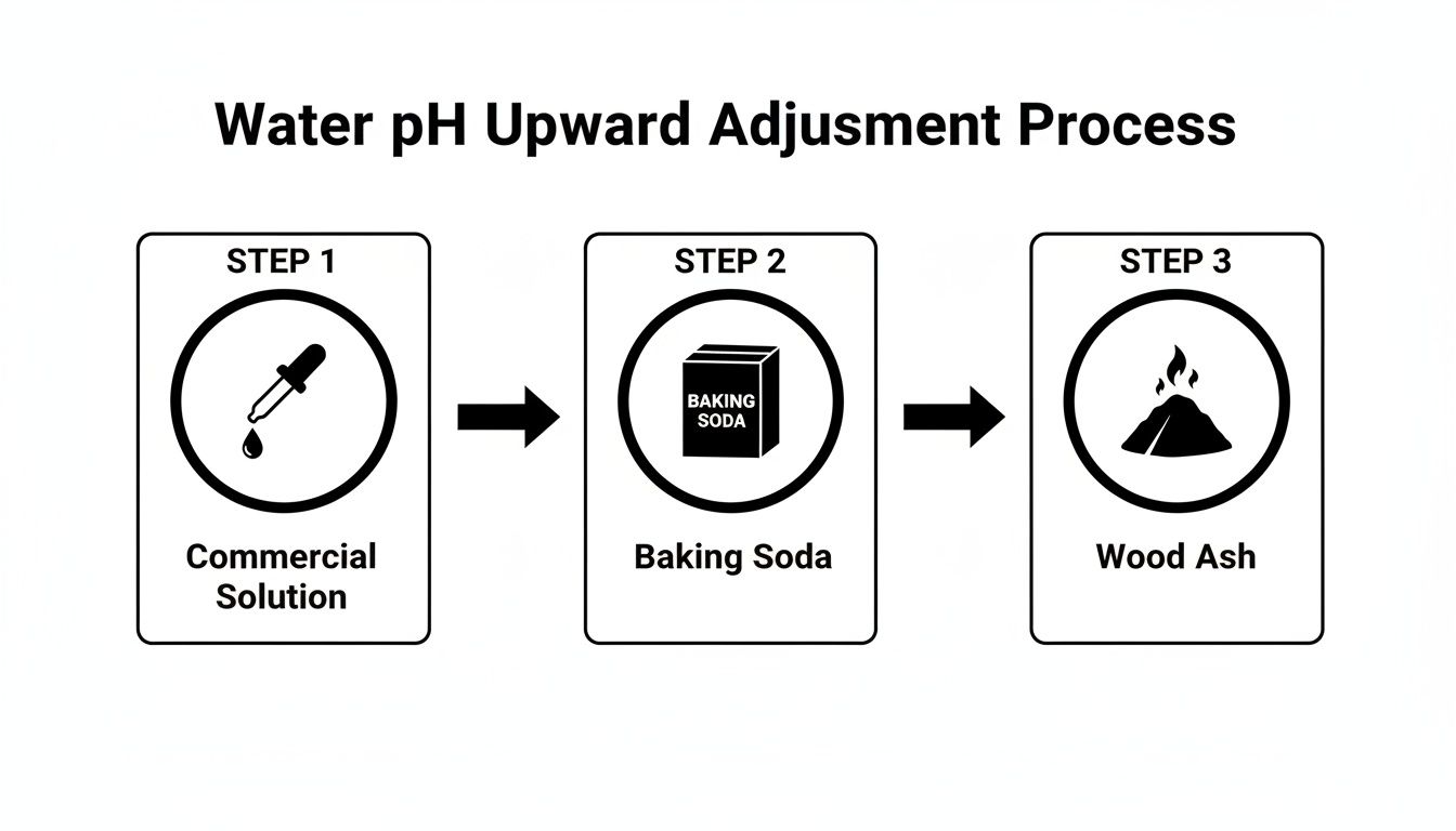 Flowchart showing three methods to increase water pH: commercial solution, baking soda, and wood ash.
