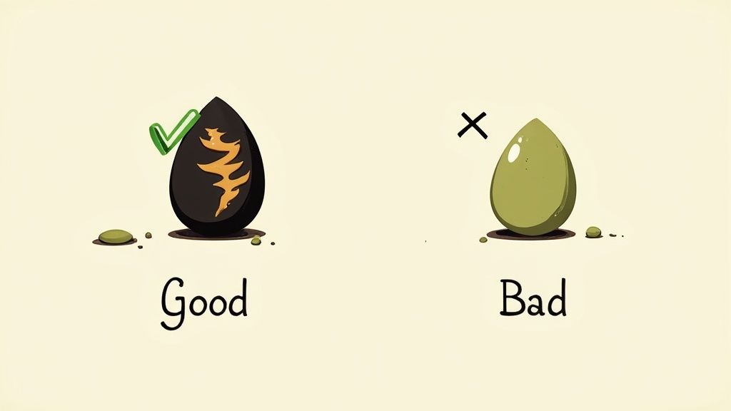 A graphic showing a good quality black seed with a golden pattern and a bad plain green seed.