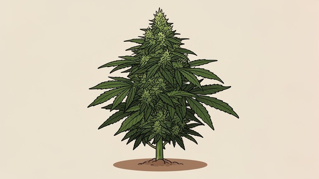 An illustration of a healthy, mature cannabis plant with lush green leaves and prominent buds.