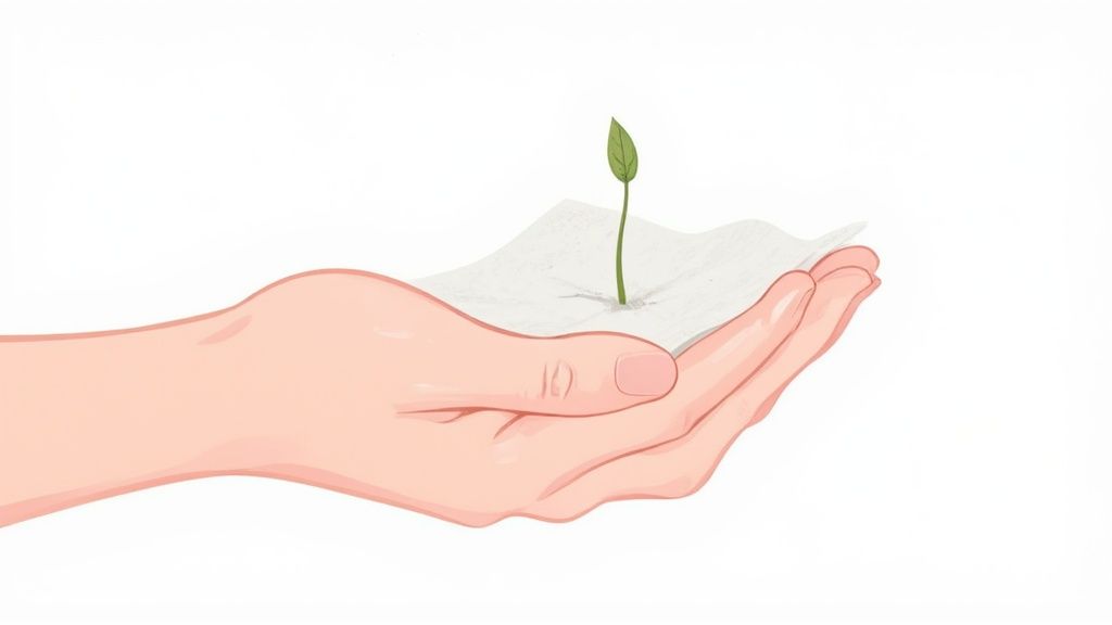 A human hand gently cradles a small green sprout growing out of a white piece of material.