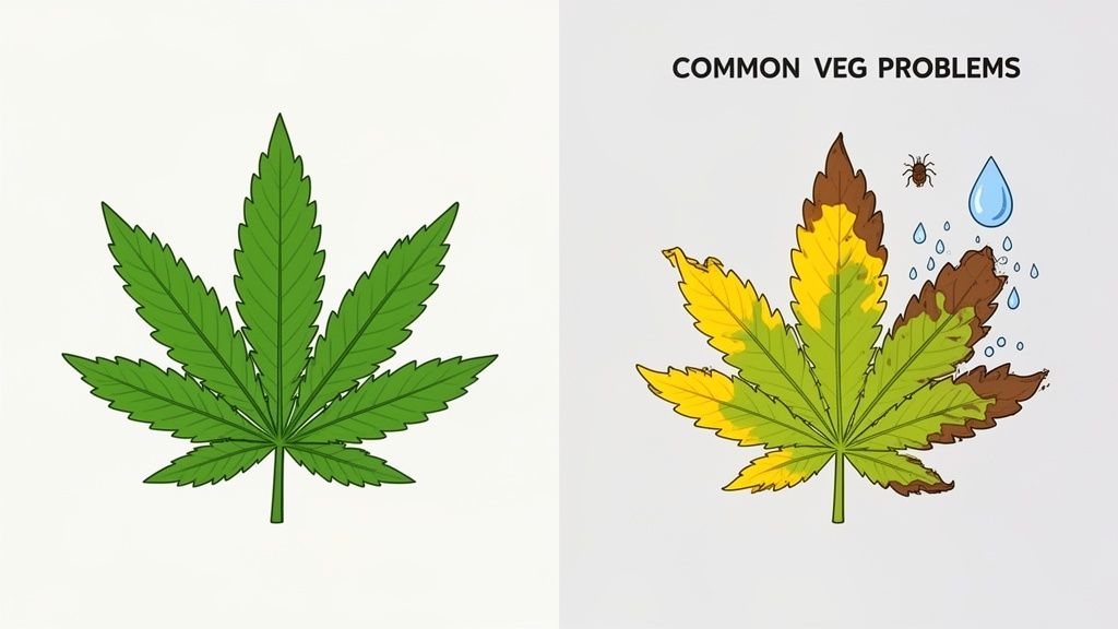 Healthy cannabis leaf next to one with common vegetative problems like yellowing, browning, pests, and overwatering.