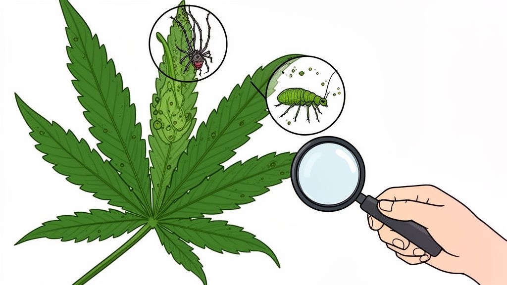 Illustration showing a hand with a magnifying glass inspecting a cannabis leaf with pest infestations like spider mites and aphids.