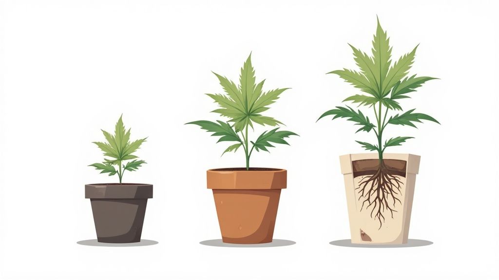 Three cannabis plants in pots illustrating different stages of growth, from seedling to mature plant with roots.