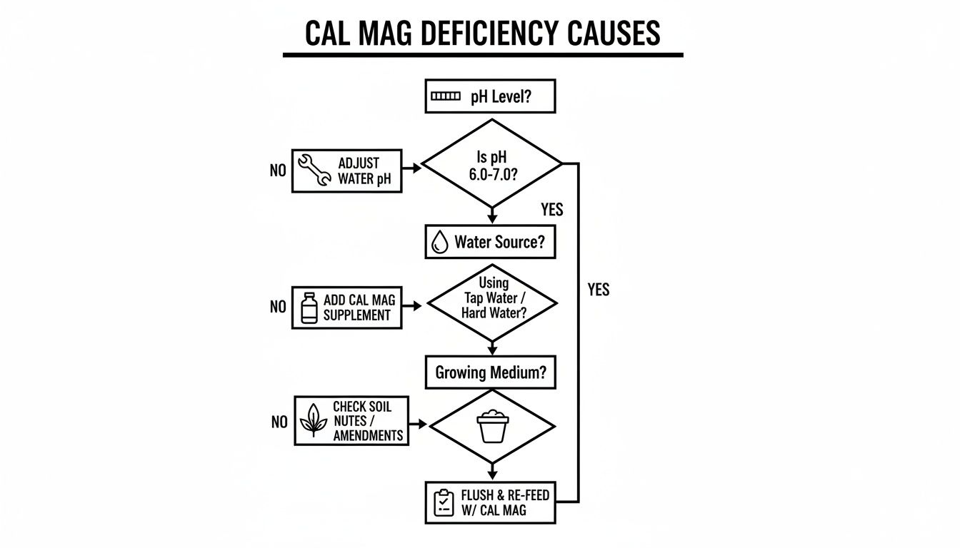 Flowchart diagnosing Cal Mag deficiency causes, including pH, water source, and growing medium.