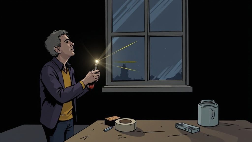 A man with a flashlight tests light near a window in a dark room at night.