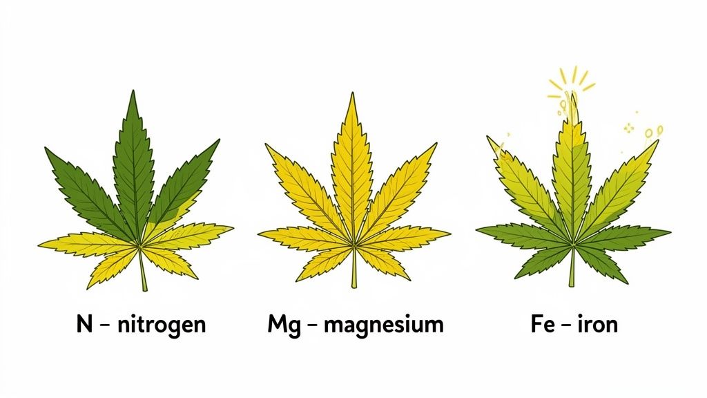 Illustration of cannabis leaves with nitrogen, magnesium, and iron deficiency symptoms.