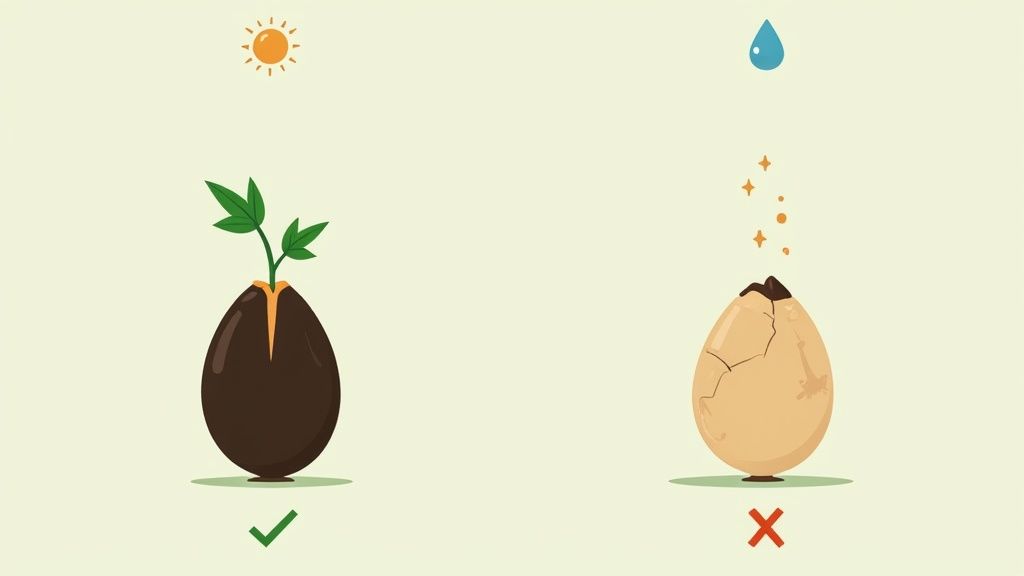 A visual comparing successful plant growth from a seed under sun versus a cracked, decaying seed with water.
